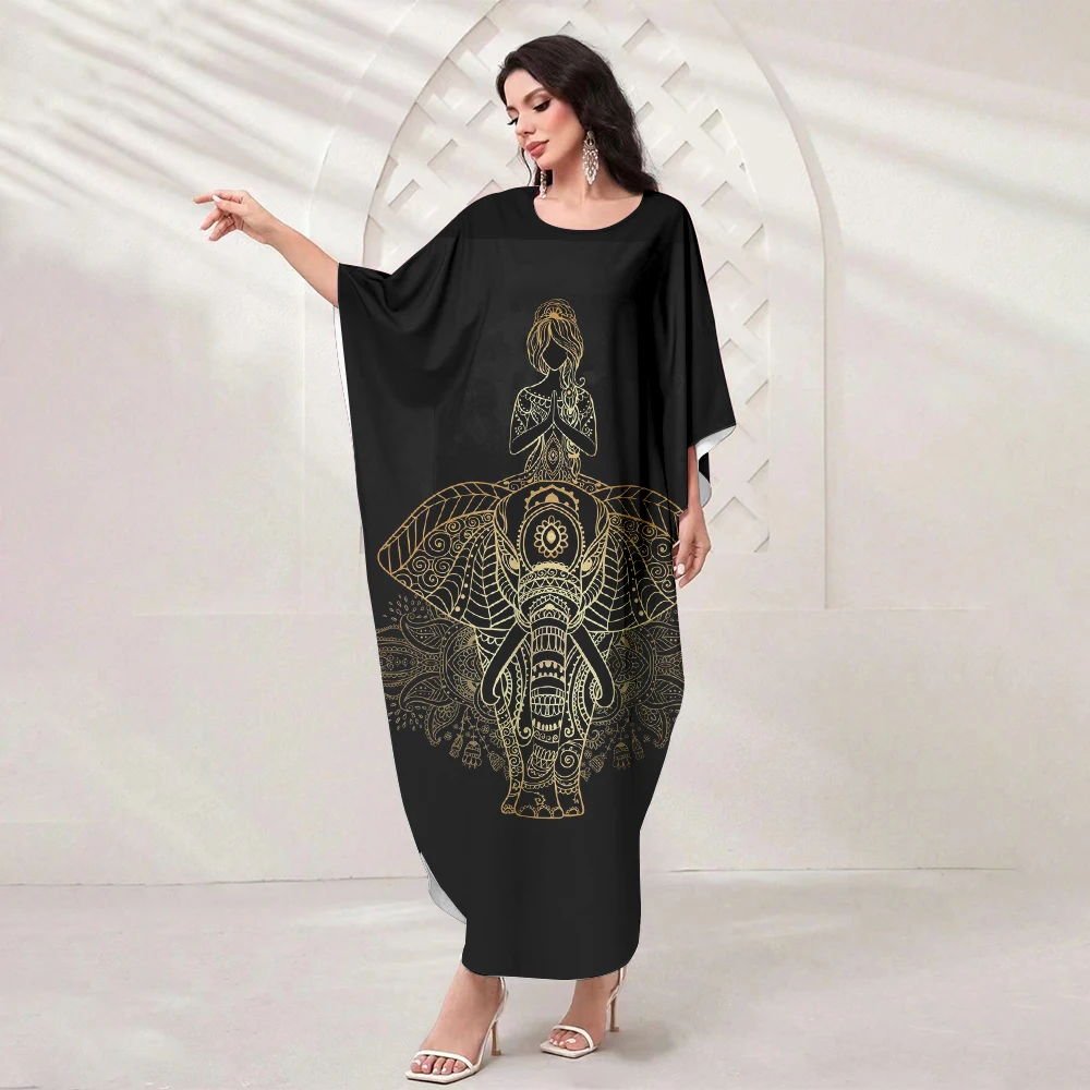 Eid Muslim Women Clothing High Temperament Women's Evening Dresses Round Neck Loose Bat Sleeve Dress Dubai Printed Robe 2024