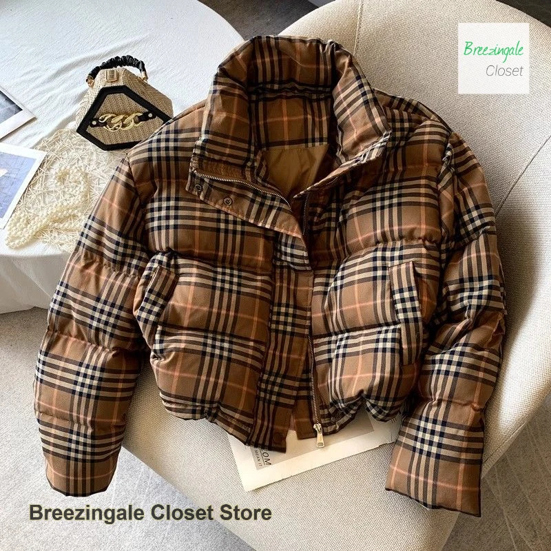 

Корейская версия ретро клетчатой короткой куртки с хлопковой подкладкой, женская осенне-зимняя свободная новая маленькая дизайнерская хлебная куртка.