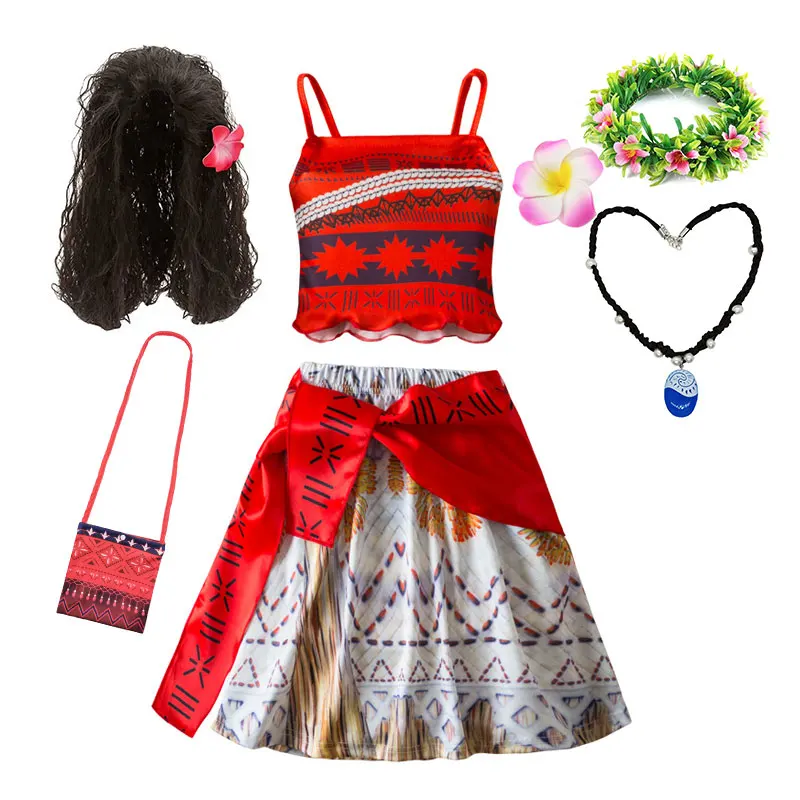 Prinzessin Tapfere Reisende Moana Kostüm 3-teiliges Set Top+Rock+Gürtel Sommer Ozean-Abenteuer Vaiana Halloween Cosplay Verkleidung 2-10 Jahre