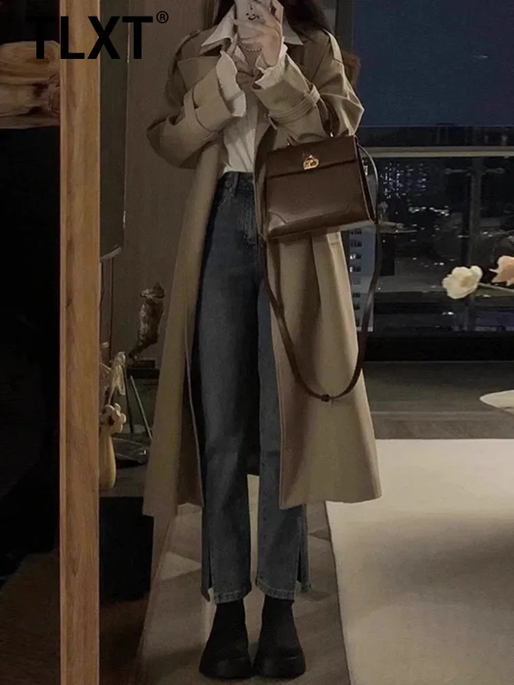 

TLXT модный женский элегантный плащ в британском стиле средней длины, миниатюрный хаки, двубортный ветрозащитный плащ, новинка зимы 2025, одежда