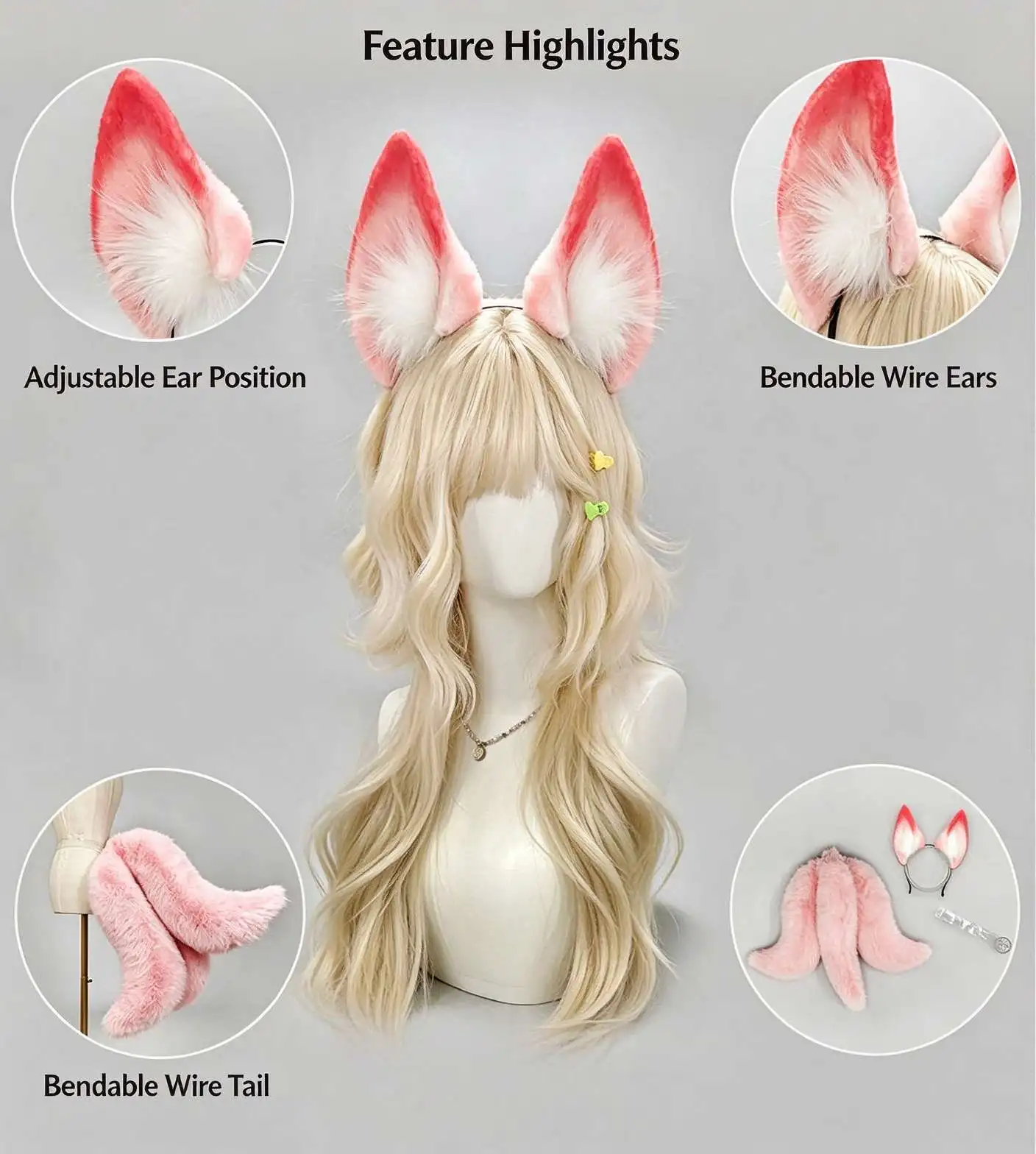 Ahri Kiriko Cosplay Fox Ears and Nine Tailed Fox Tail Fursuit Furry Kitsune Anime Headband Accessories for Women Halloween Pink