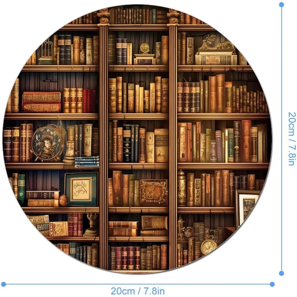 Library bookshelf pattern design mouse pad, circular waterproof and anti-slip rubber, washable computer game accessories