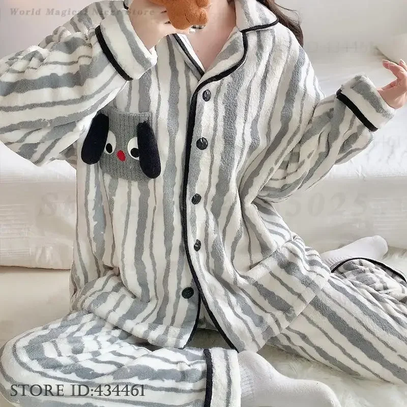 

Осенне-зимняя одежда для сна, пижамный костюм, новая женская домашняя одежда, коралловый флис, пижамный комплект из 2 предметов с героями мультфильмов, утепленная фланелевая пижама