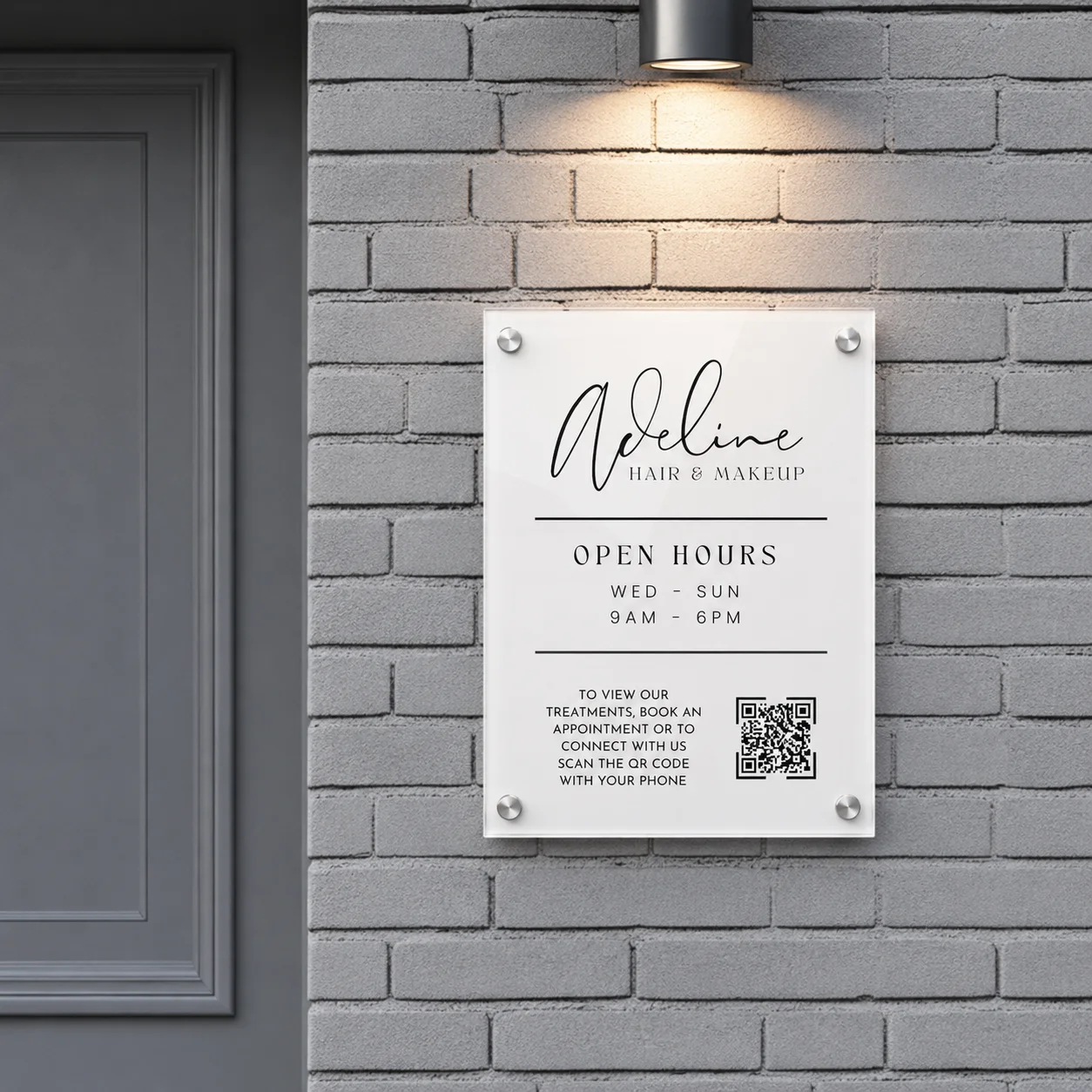 Custom Logo Acrylic Sign Personalized Shop Sign QR Code Opening Hours Business Plaque for Store Office Reception Wall Decor
