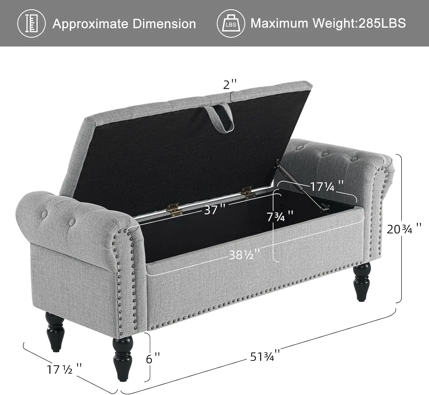 Banc de chambre à coucher de 51 pouces, banc d'extrémité de lit avec grand banc de rangement rembourré capitonné à boutons, banc de fenêtre ottoman en lin avec rangement S