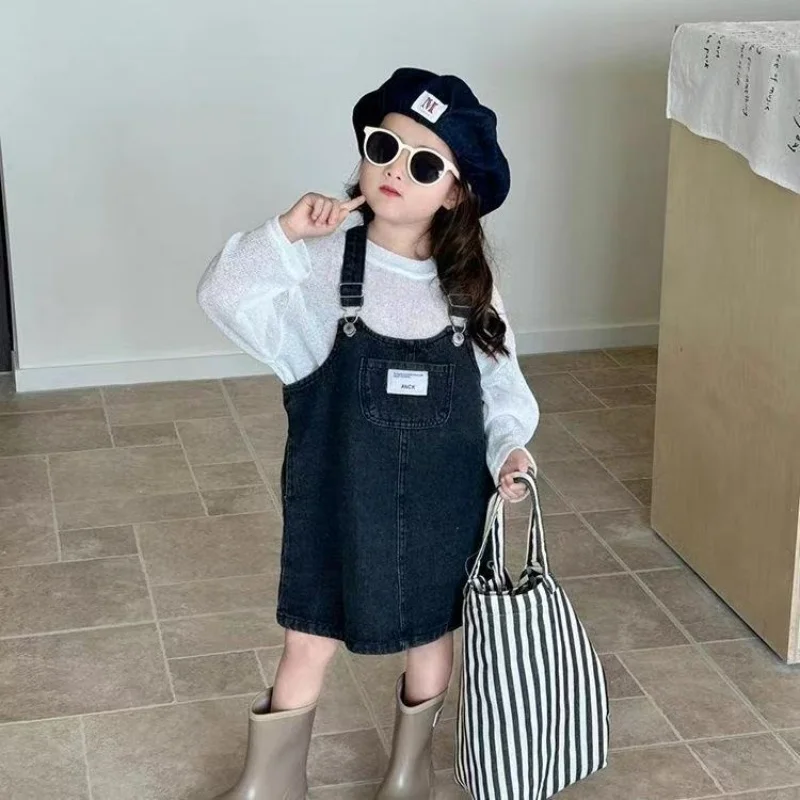 

Girls' Clothing Set Spring/Summer Children's Long Sleeve Knitted Top+Cowboy Strap Skirt Two-piece Set