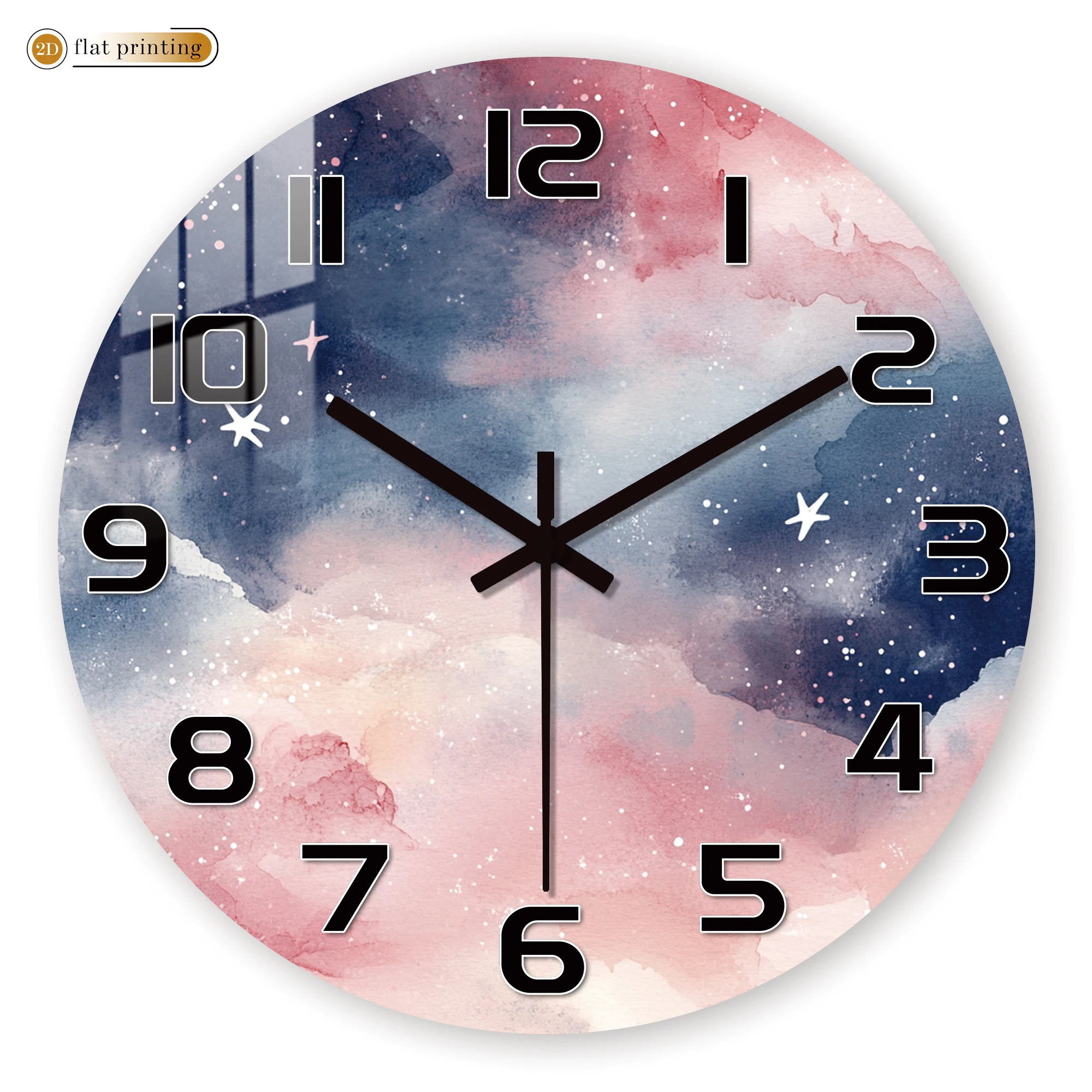 Watercolor Galaxy Pink Blue Nebula Wall Clock, Silent Quartz Movement, Cosmic Space-Themed Decorative Clock with Star Accents