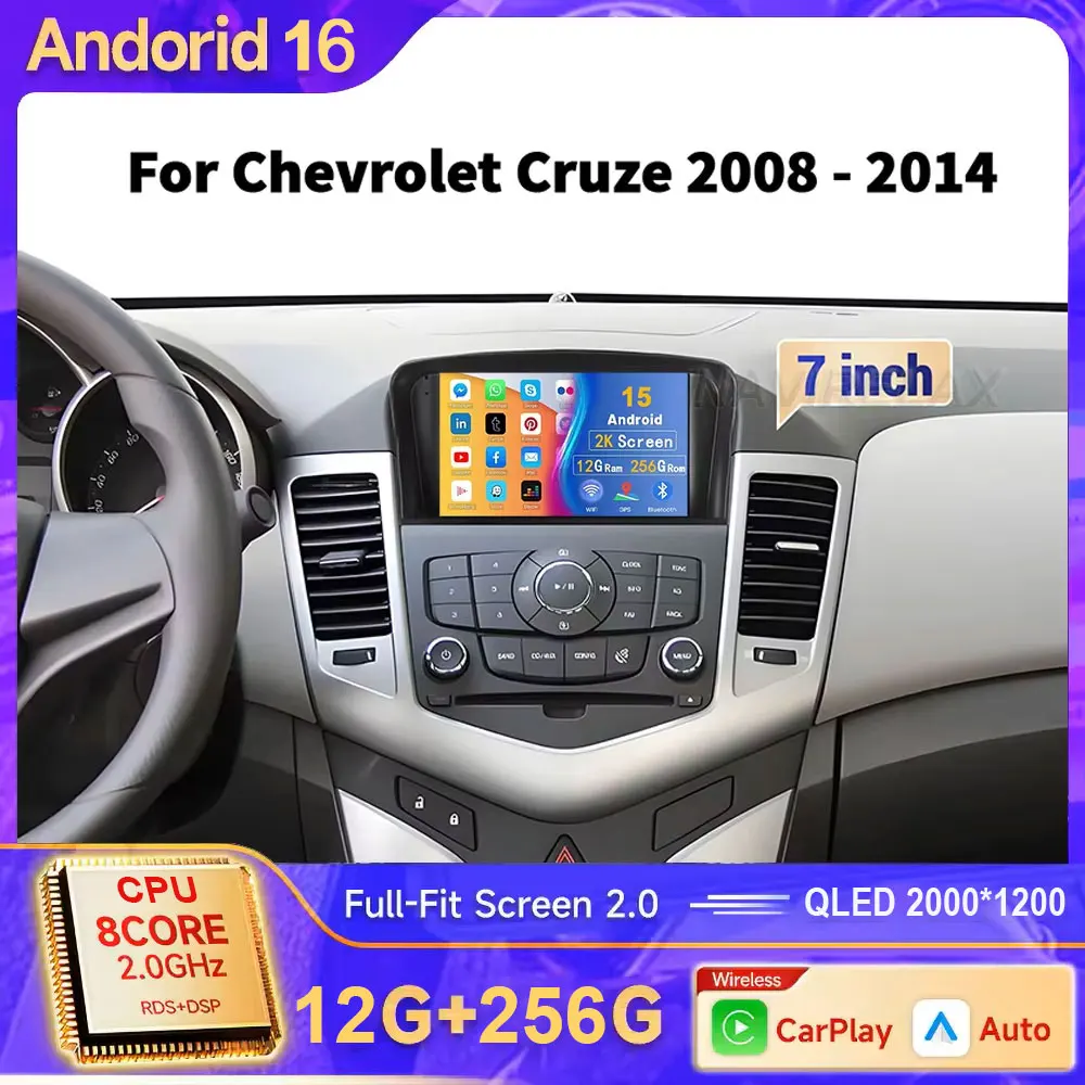 7 Zoll Android16 Autoradio für Chevrolet Cruze 2008-2014, Video-Player, Multimedia, GPS, Carplay, Auto-BT, RDS-Navigation, eingebaut.