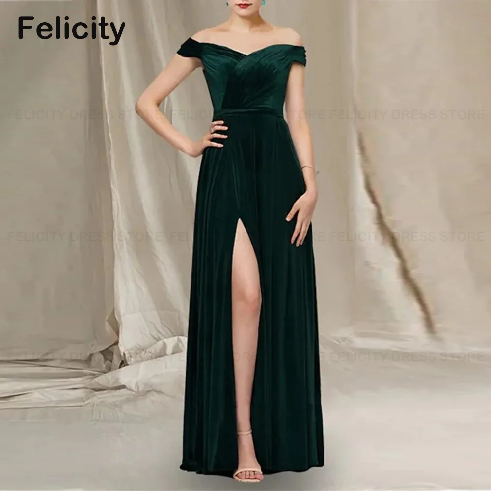 

Elegant Mother of the Bride Dresses 2023 Velvet Off the Shoulder Front Split A-Line Pleated Formal Wedding Party Dress for Women