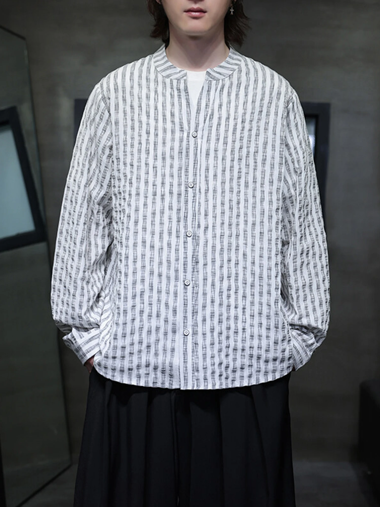 

Loose Fit Long Sve Stripe irt Men's Summer Trendy Chinese Sle Stand Collar Casual Breathable Cotton Polyester Blend