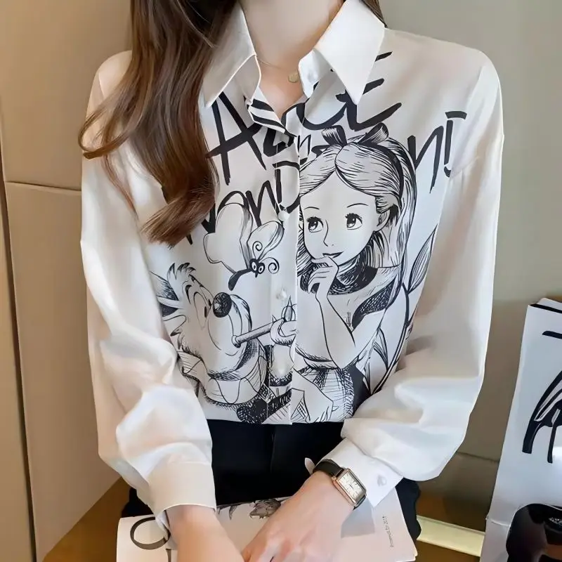 

CGC Korean Fashion Cartoon Prints Women Blouse Spring Autumn Long Sleeves Tops Shirts Vintage Lapel Breasted Female Loose Blouse