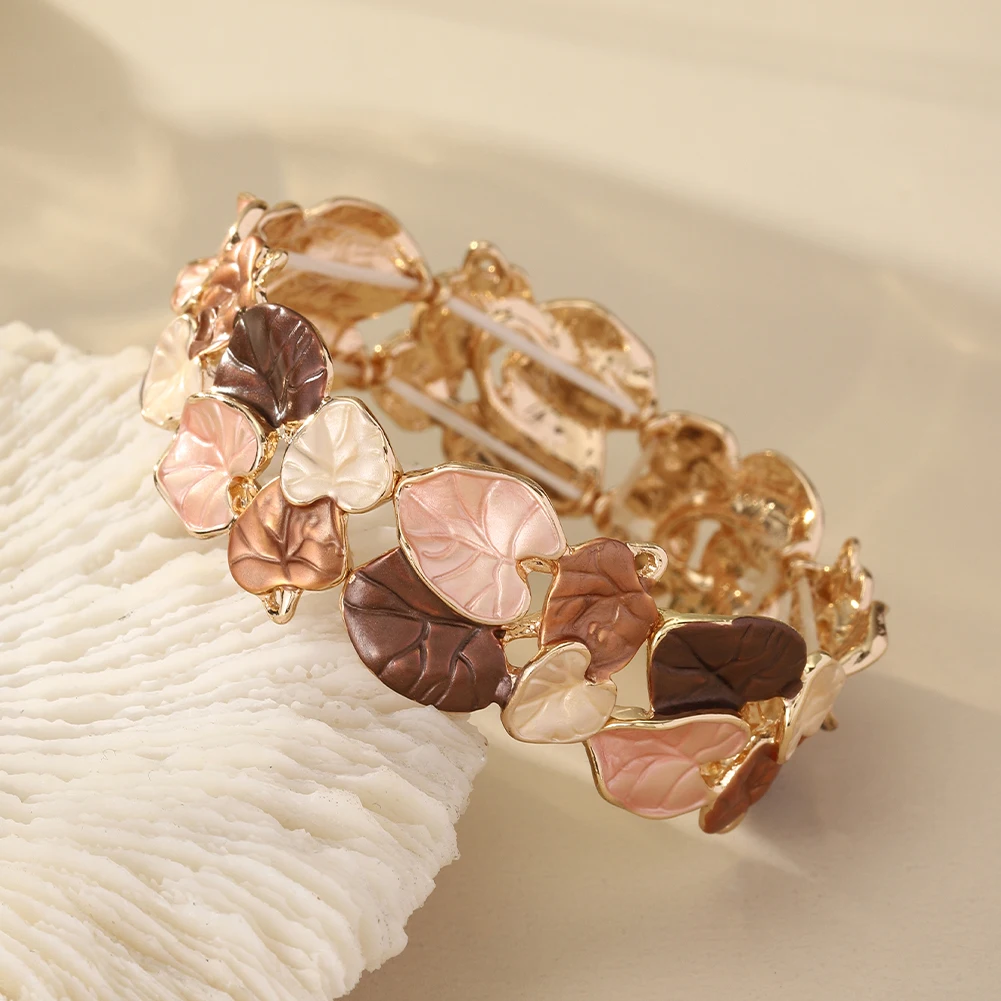 Cring Coco Trendy Bracelet Foldable Leaves Stretchable Luxury Elegant Jewelry Bracelet Zinc Alloy Bracelet Valentine\'s Day Gift