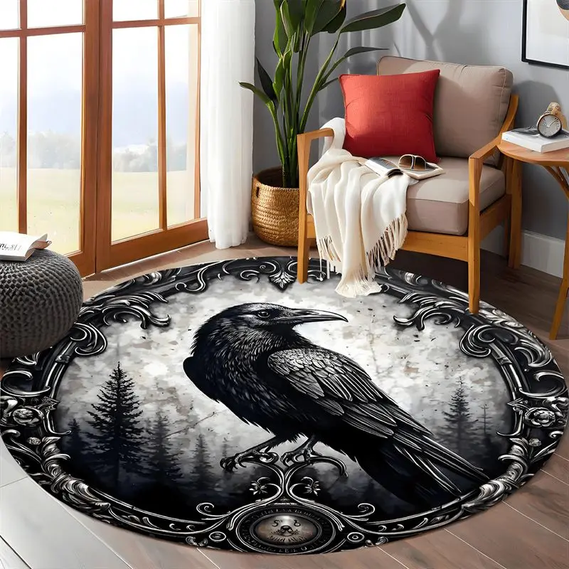 VIKAMA Retro Carved Crow Dark Forest Circular Carpet, French Bedroom Light Luxury Floor Mat, Gothic Living Room Rug