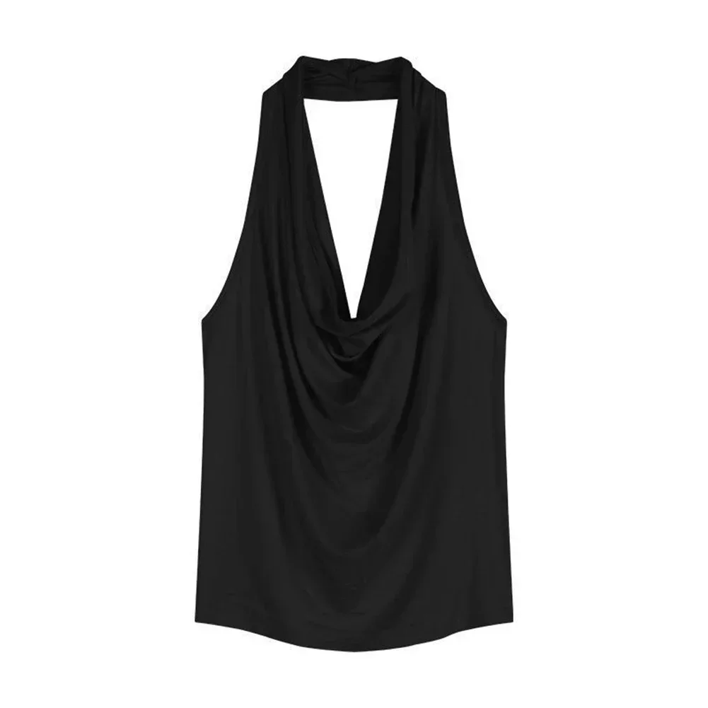 

Black Casual Pleated Top Casual Slim Halter Top Daily Casual Top Comfortable For Spring Regular Length Slight Stretch Fabric