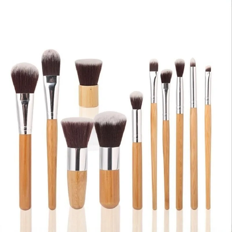 11Pcs Bamboo Handle Makeup Brushes Set Foundation Blending Tools with Cotton Bag