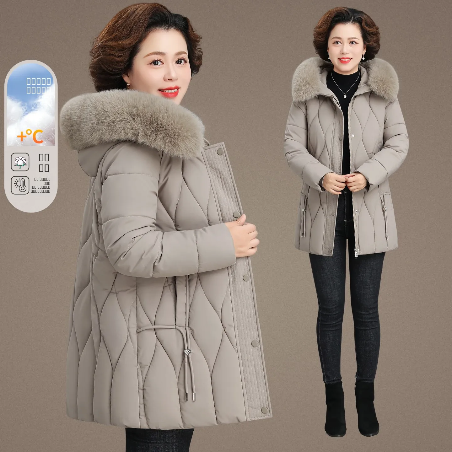 

Высококачественное женское зимнее пальто средней длины из хлопка с меховым воротником и капюшоном, утепленное полиэфирным волокном