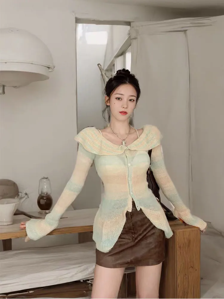 Fashion Slim Fit Classical Knitted Sweater Peter Pan Collar Long Sleeve Cardigan Flare Sleeve Basic Pullovers Bow Autumn Winter