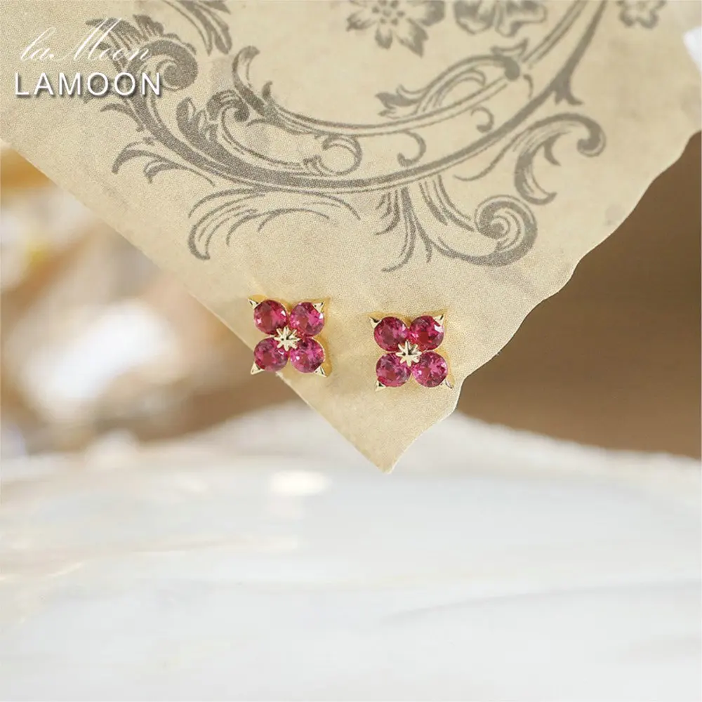 

LAMOON Lucky синтетические рубиновые серьги с четырьмя листами для женщин, простые изысканные серьги из стерлингового серебра 925 пробы, золото, Vermeil, ювелирные изделия, подарок