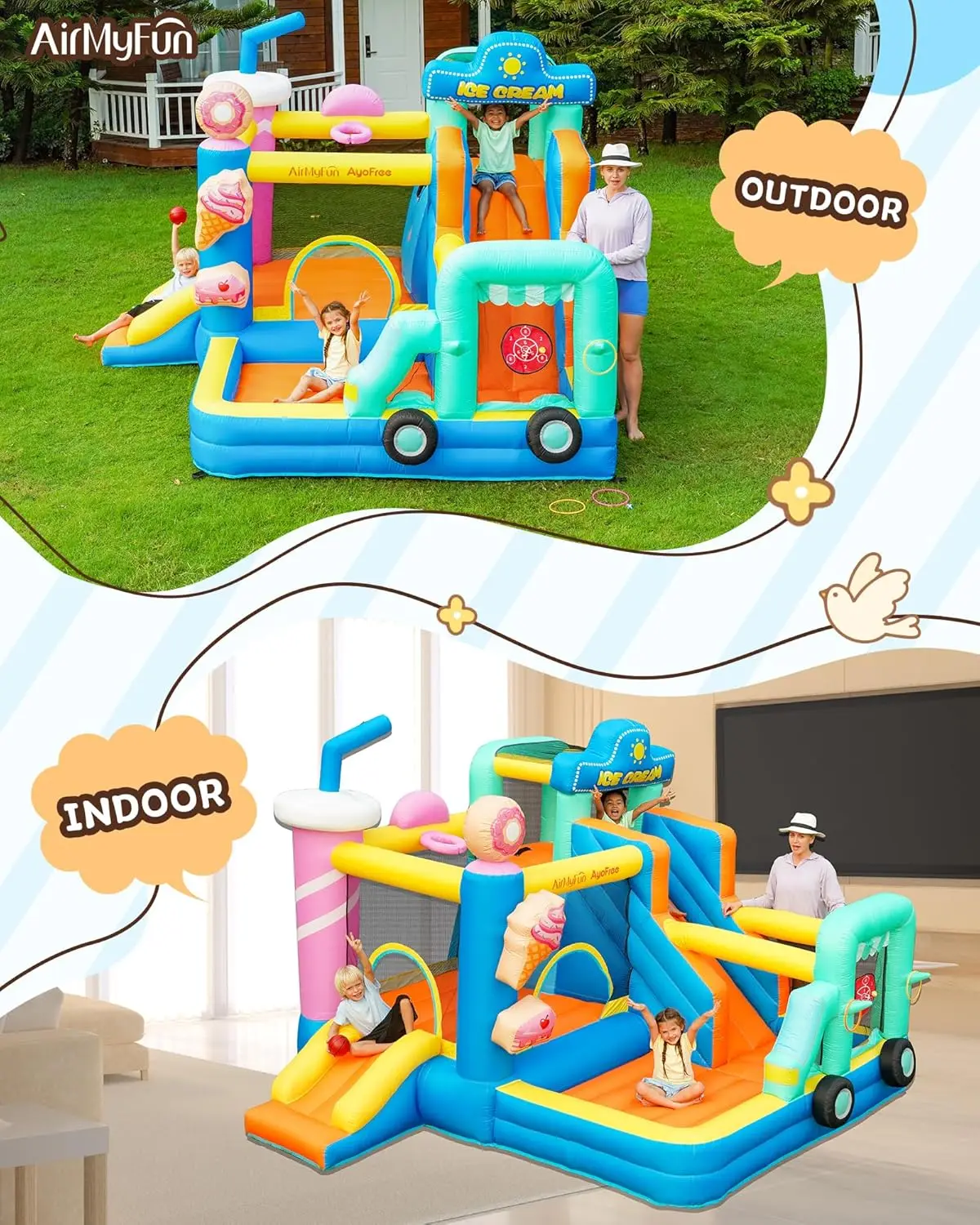 Casa inflable de rebote para niños grandes de 8 a 12 años, castillo hinchable para niños de 3 a 6 años, casa hinchable con tema de helado de doble diapositiva