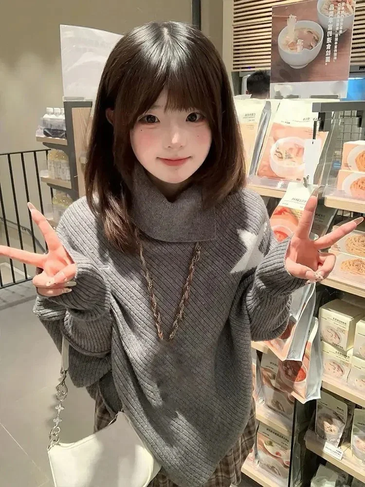 

Серая водолазка, нерегулярный вязаный свитер для женщин, осень-зима, новые свободные пуловеры в стиле Харадзюку, винтажная женская одежда, трикотаж