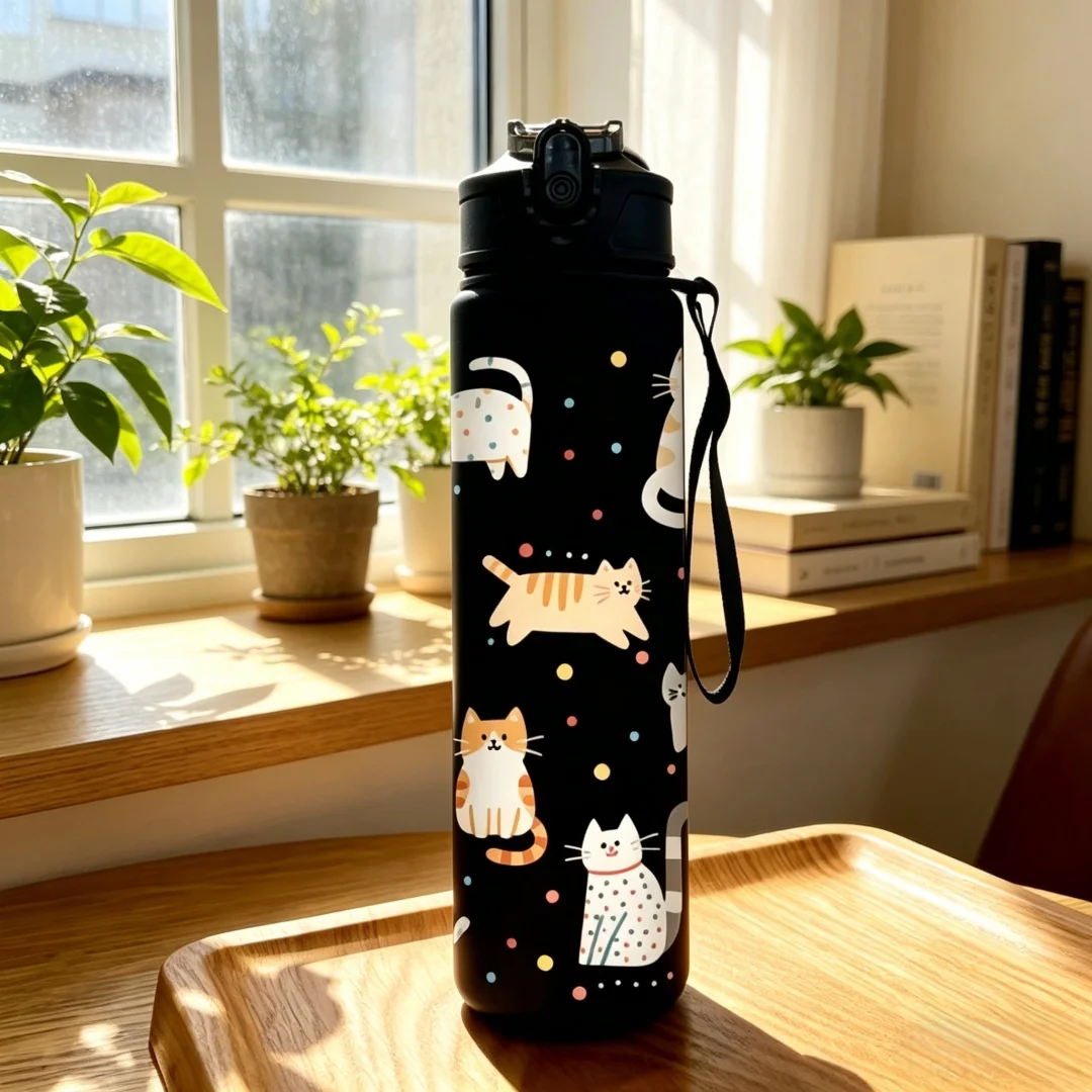 Cute Cartoon Cat Water Bottle with 3D Printed Design, Frosted Premium Texture, Fade Resistant, Lightweight & Leakproof, 750ML
