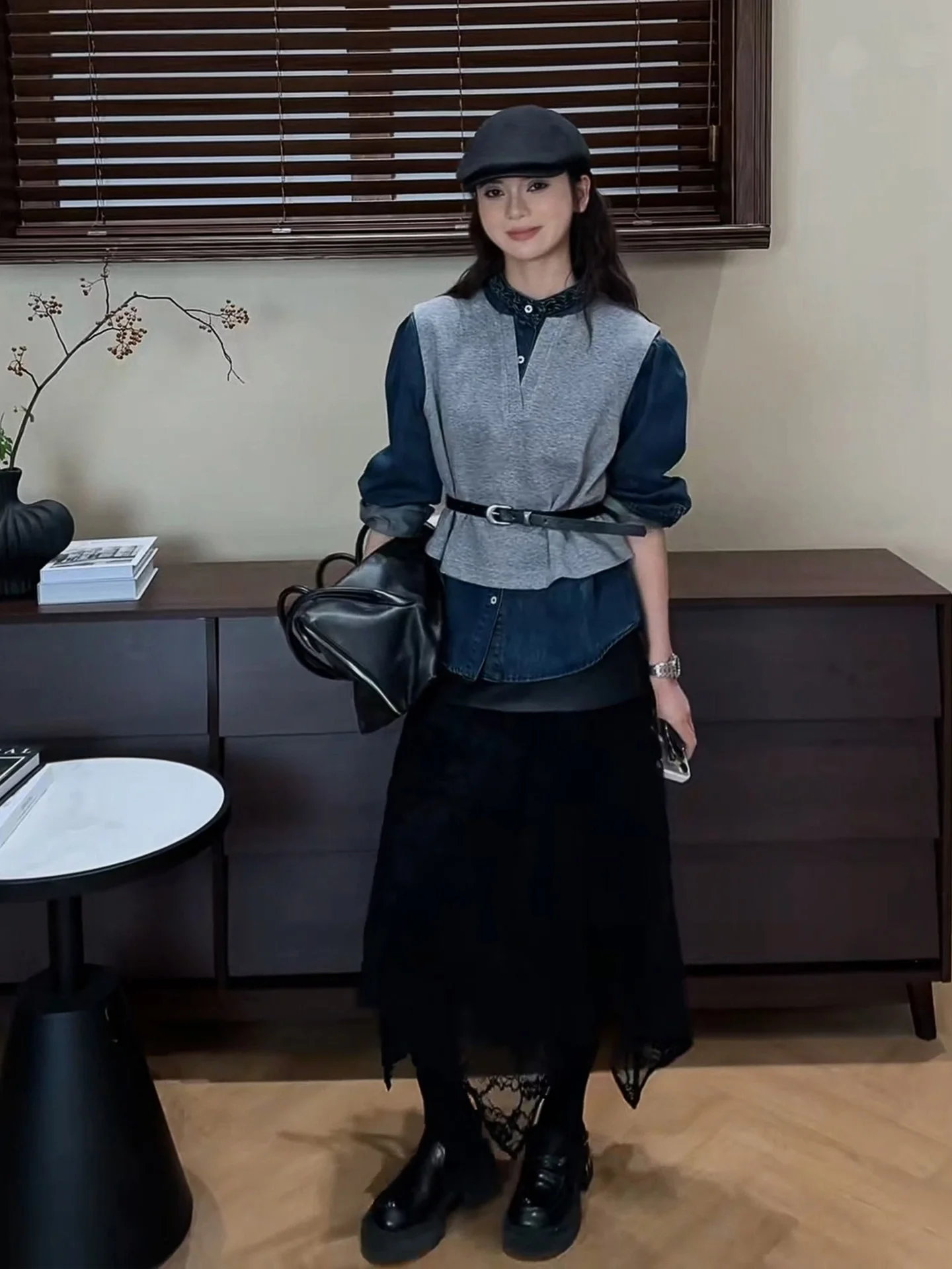 

Spring 2026 Early Faionable Denim irt Women's Vest Two-Piece Set Casual Loose Fit Breathable Cotton Long Sve irt