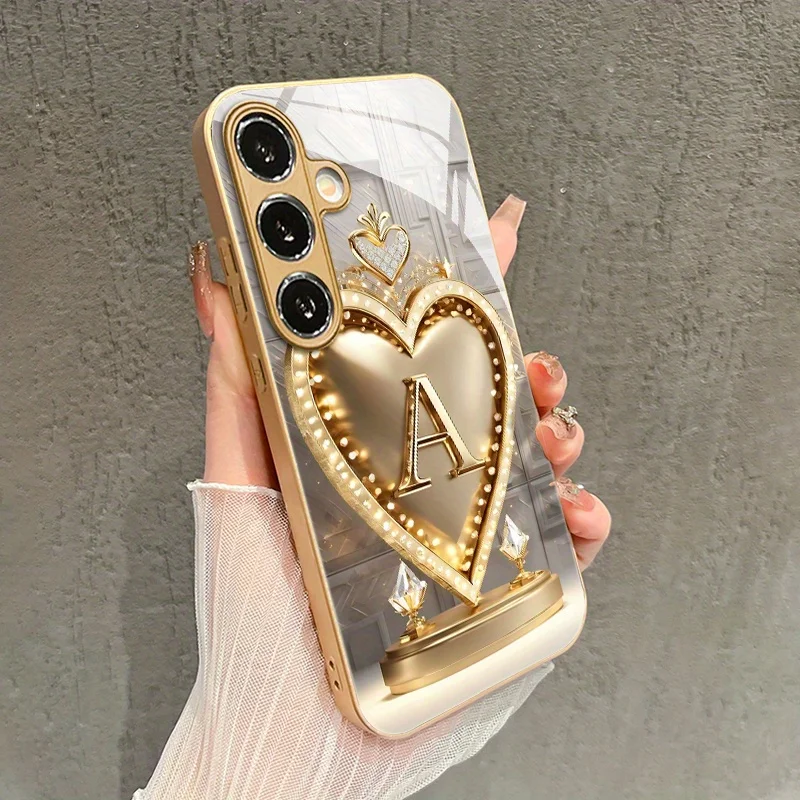 Fashion high-end heart-shaped letter "A" pattern glass phone case for Samsung Galaxy S26 S25 S24 S23 S22FE/Ultra/Plus drop Cover