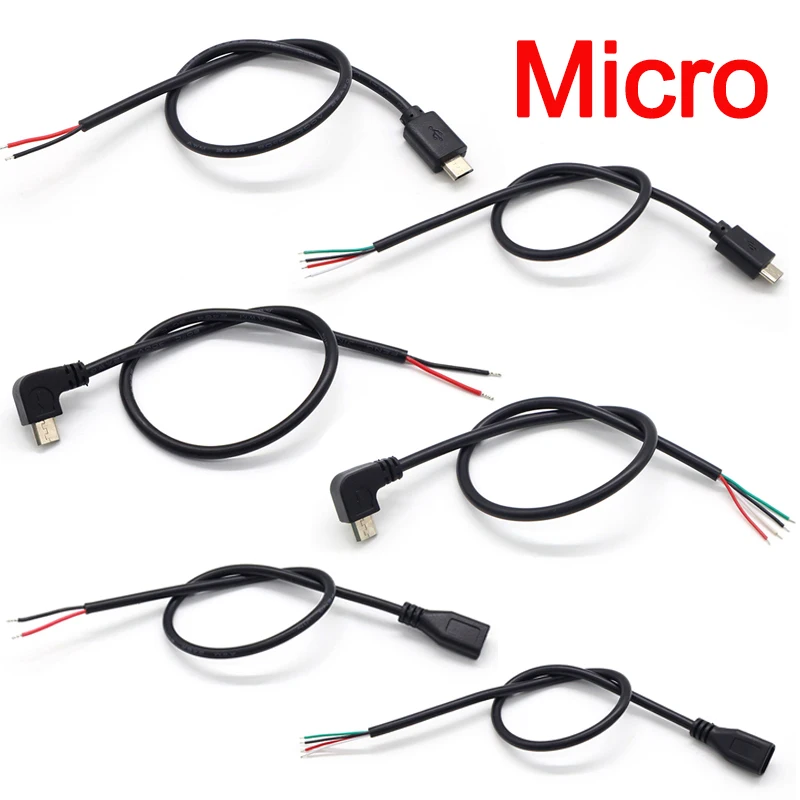 1Pcs Micro USB Male / Female to Open Wire 2 Core 4 Core Power Data Charging Wire Connector 2Pin 4Pin Extension Cable 0.3m