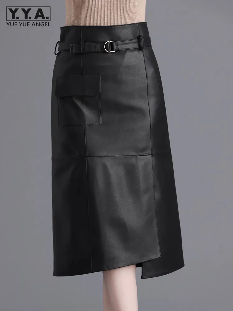 

Elegant Office Ladies Work High Waist Knee Length Wrap Skirt Women Slim Fit Sheepskin Genuine Leather Asymmetrical Skirt M-5XL