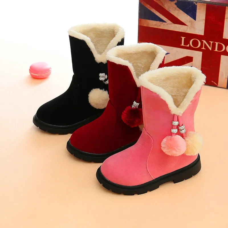 2024 Autumn/Winter Girls' Long Boots Children's Hairball Snow Boots Princess Warm Toddler Girls Booties Kids Cotton Shoes 26-37