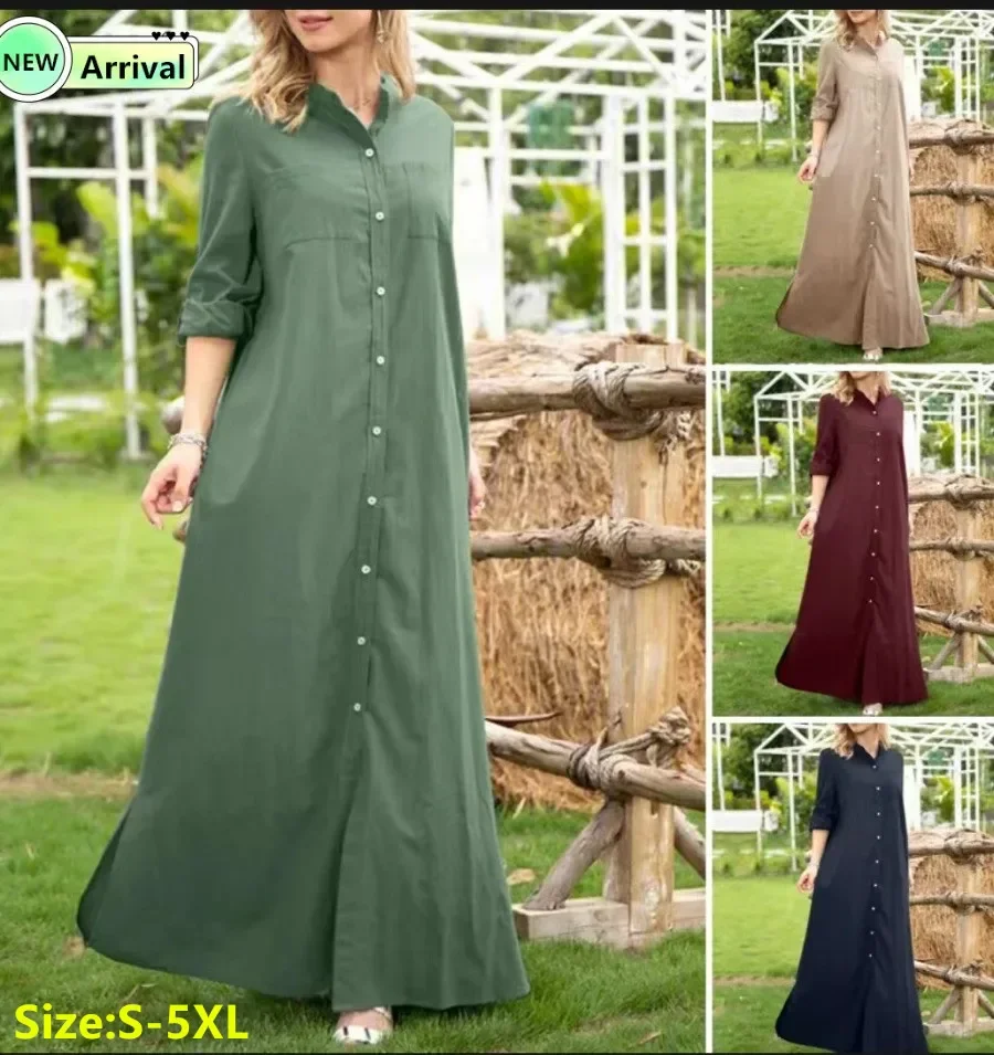 

2024 Fashion Solid Stand Collar Shirt Dress for Women Elegant Simple Long Sleeve Loose Cardigan Long Dresses Females Casual Robe