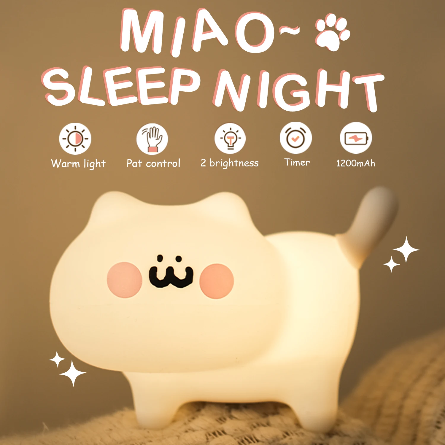 Silicone Cat Dog Night Light USB Rechargeable Nursery Sleeping Lamp Kawaii Cat Animal Night Lights for Kids Bedside Decoration