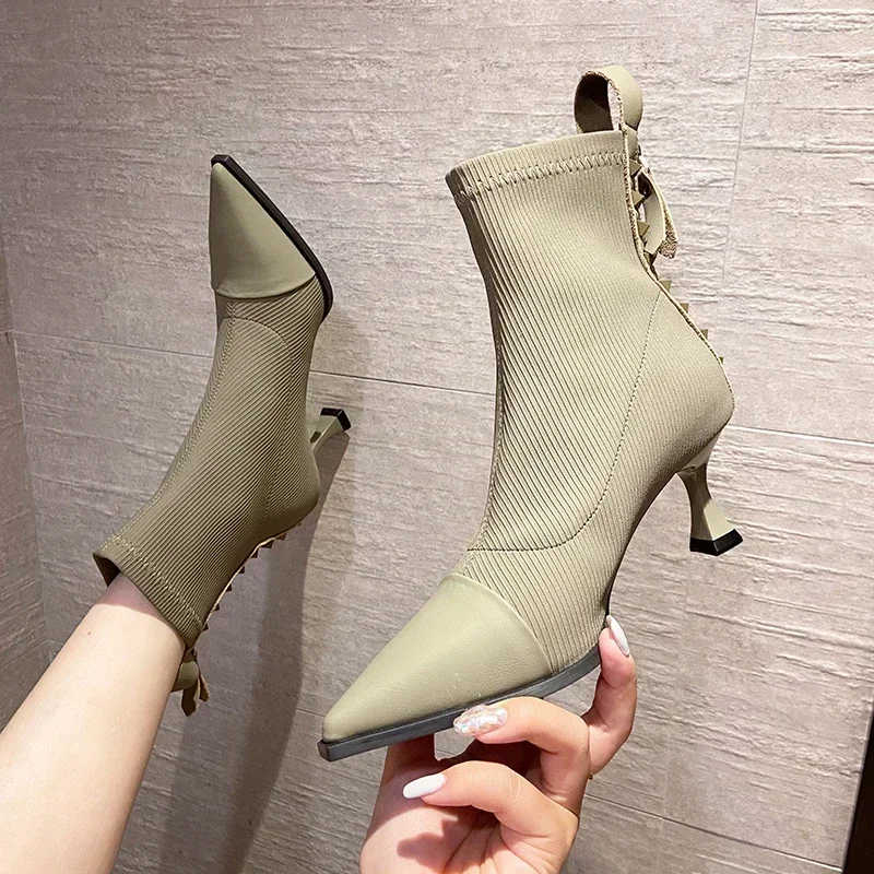 Botas retrô de meias elásticas para mulheres, salto alto de costura, dedo apontado, sapato único, nova moda, outono e inverno