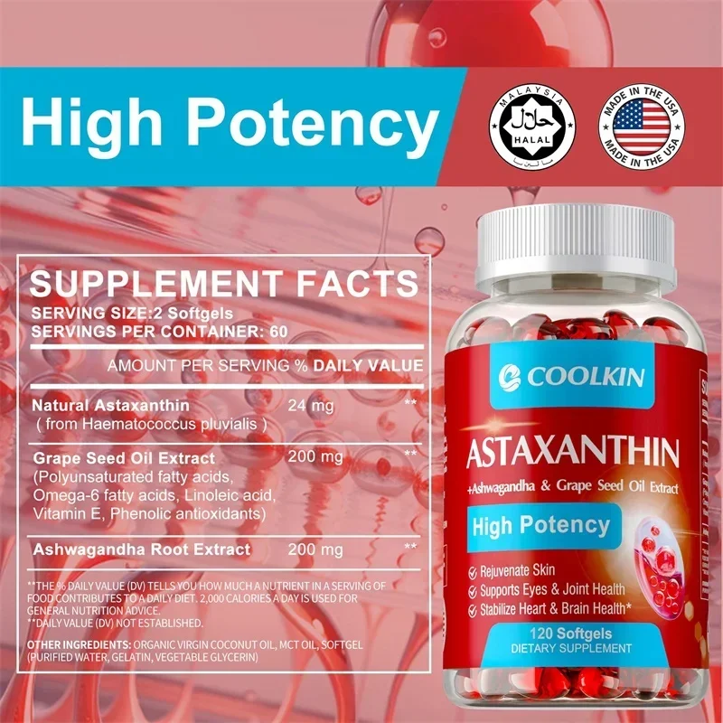 

Astaxanthin - Contains OMEGA-3 EPA/DHA, Promotes Cardiovascular Health & Accelerates Metabolism Support Eye, Joint, Skin HealthS