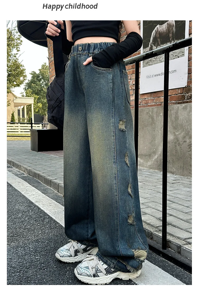 Neue, stylische Jeans für Kinder mit weitem Bein, Used-Look und seitlichen Löchern, für Mädchen, zerrissene Denim-Hosen, Alter 5-14 Jahre. – Detail 6