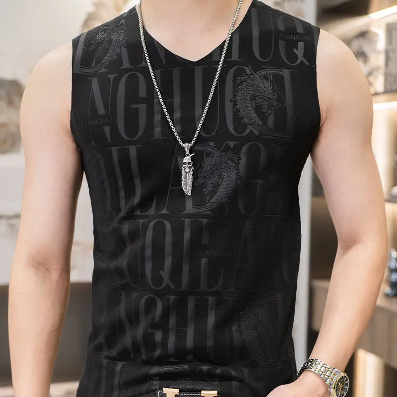 Spring Summer New Versatile Elastic Slim Solid Jacquard Vest Men V-neck Patchwork Youth Trend Casual Simple Sleeveless Top 2024