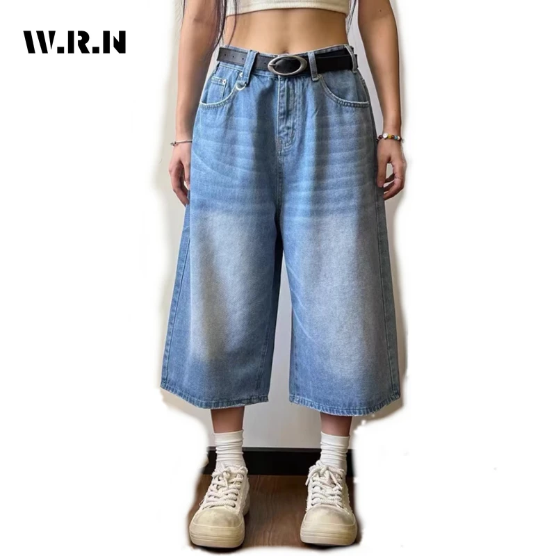 Women\'s Retro Large Size Denim Shorts Unisex Style Wide Leg Capris Vintage Street Summer Female High Waist Loose Short Jeans 5XL