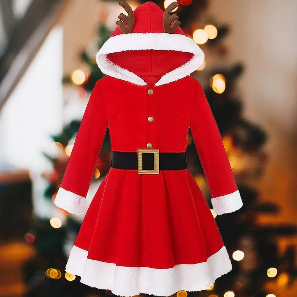 2024 Santa Claus Dress Women Girls Christmas Elk Antlers Hooded Red Dress With Belt Xmas Holiday Cosplay Evening Party Costume