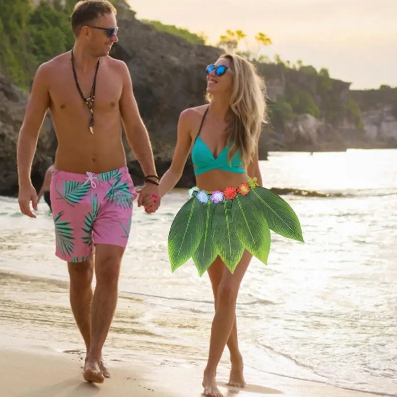Green Leaf Skirt Soft Elastic Hawaiian Green Leaf Grass Costume Elastic Cloth Kids Skirt For Prom Beach Summer