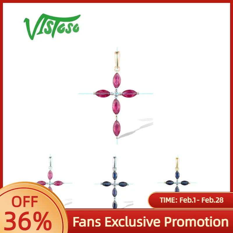 

VISTOSO Pure 14K 585 White Yellow Rose Gold Cross Pendant For Women Shiny Ruby/Blue Sapphire Diamond Wedding Gift Fine Jewelry