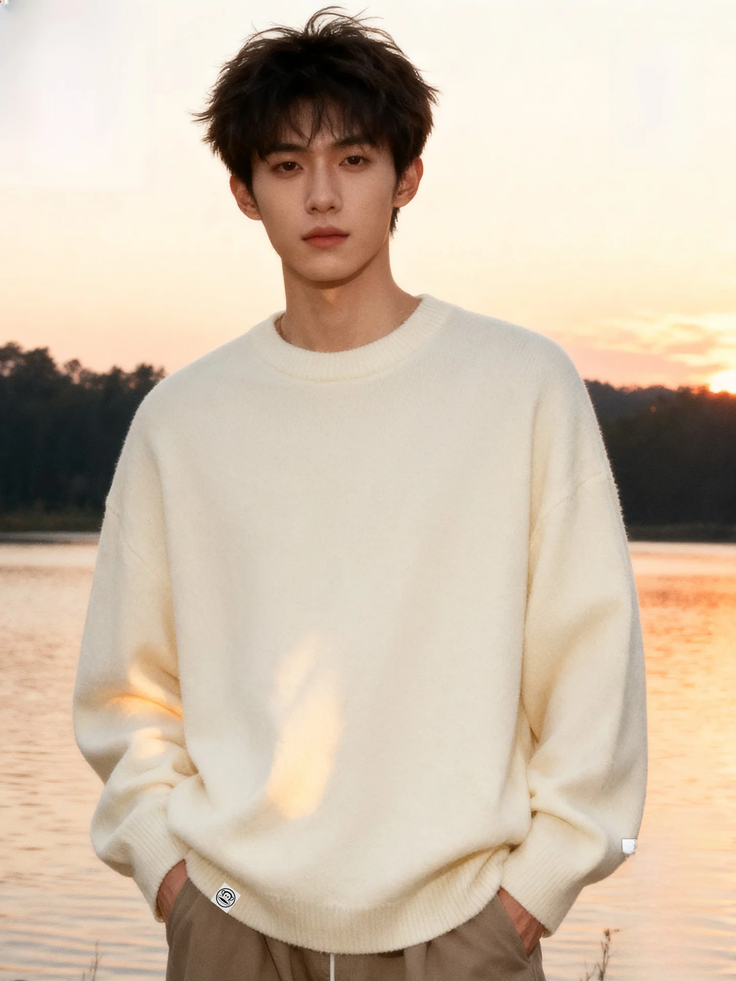 

Fce Lined Thiened Casual Loose Men's Knitted Sweater White round Ne Winter Faion Comfortable Warm Top