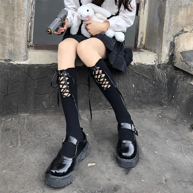 Women Stockings Sexy Lingerie lolita Cotton Fishnet Bandage Bowknot Thigh High Over Knee Socks Knee-High Student Stocking image 4