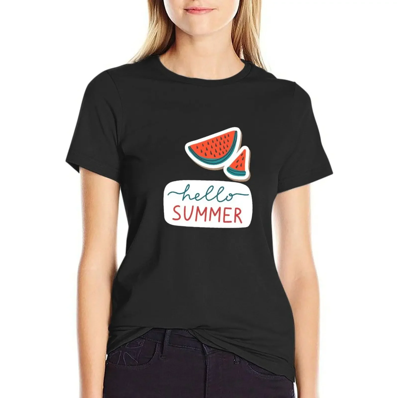 

Hello Summer Watermelon T-shirt funny female Short sleeve tee t-shirts for Women loose fit