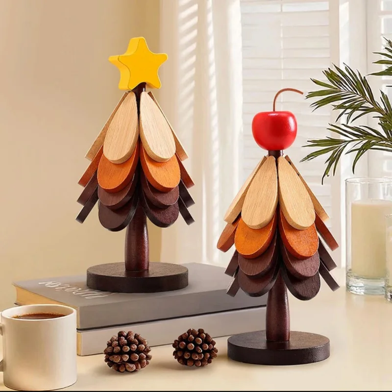 Wooden Tree Trivet Set Christmas Tree Shape Heat Resistant Pot Mat Decorative Table Coaster for Home Kitchen