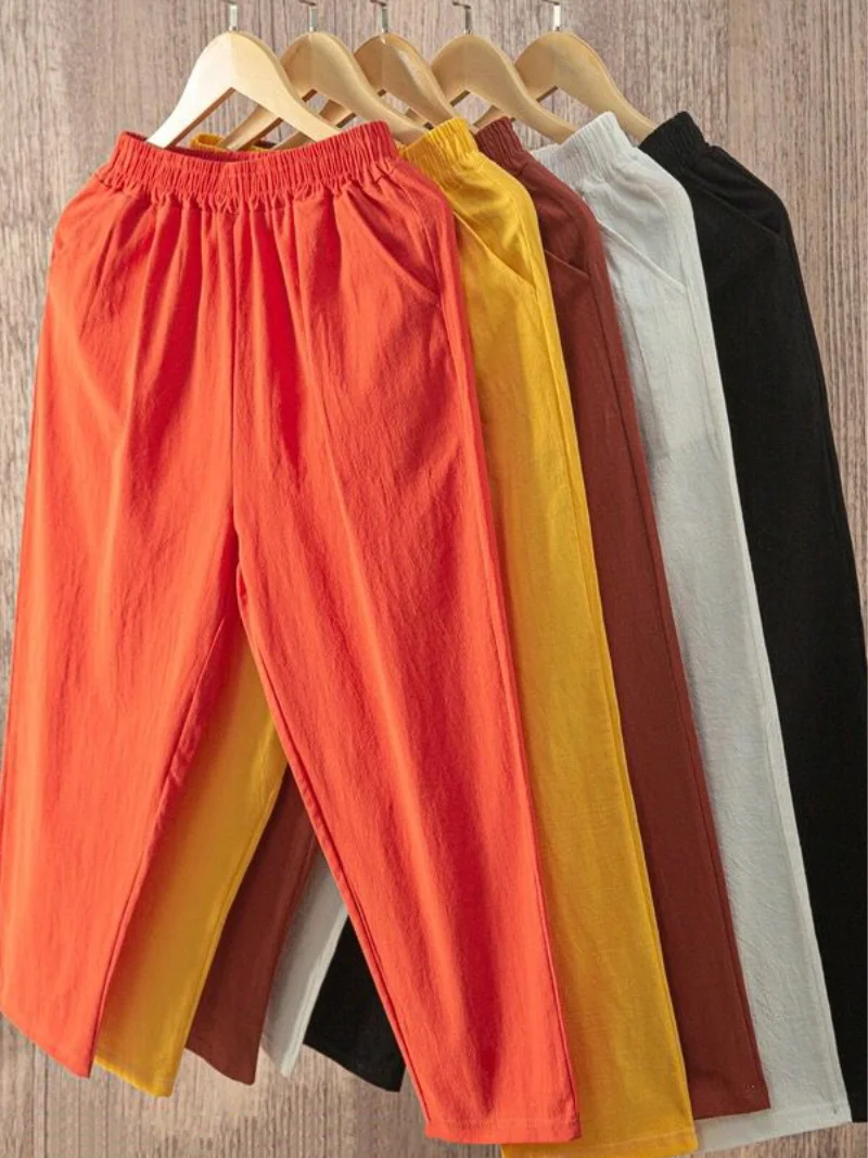 면 혼방 하렘 팬츠 여성용 여름 얇은 루즈핏 플러스 사이즈 당근 팬츠 캐주얼 다용도 신축성 있는 허리 예술적 스타일