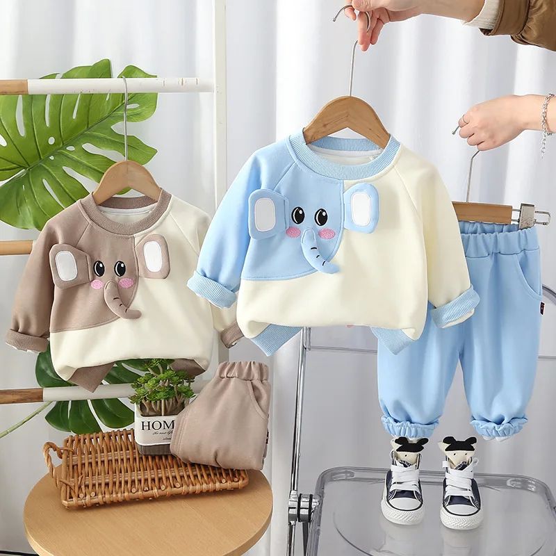 2026 Spring Autumn 1-5 Years Kids Color Blocking Set Cartoon Elephant Sweatshirt + Pants Boys Girls Casual Sports 2-piece Outfit