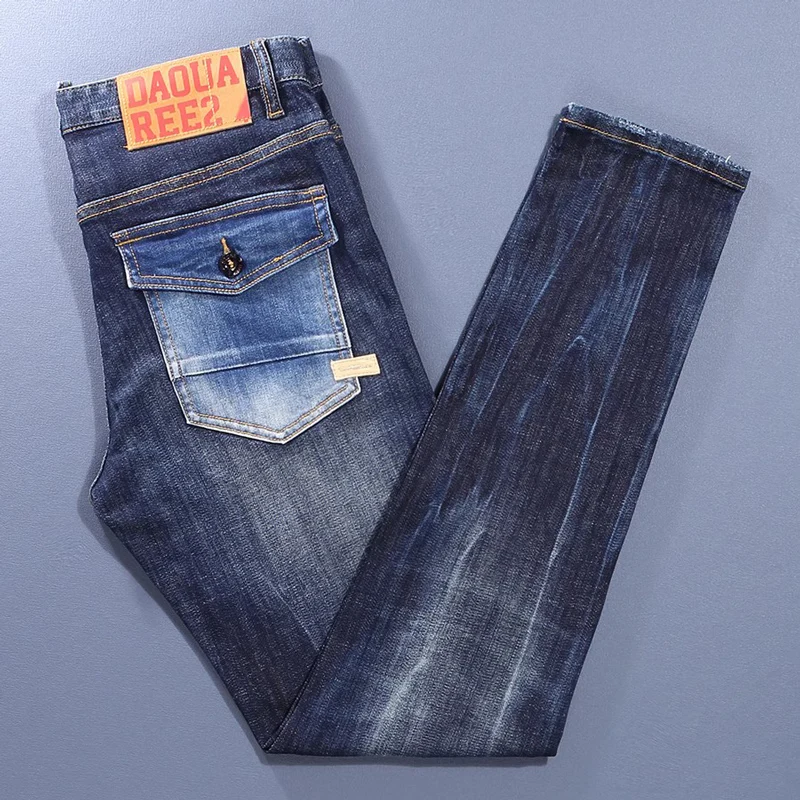 Y2K designer Street Fashion men's jeans, high-quality retro blue elastic slim fit corrugated jeans, designer retro brand pants