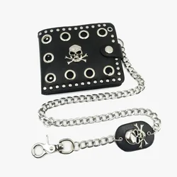Leather Cool Punk Gothic Western Skull Clutch Purse Wallets With Chain For Men Punk Motorcycle Wallet Foldable Buttons Purse
