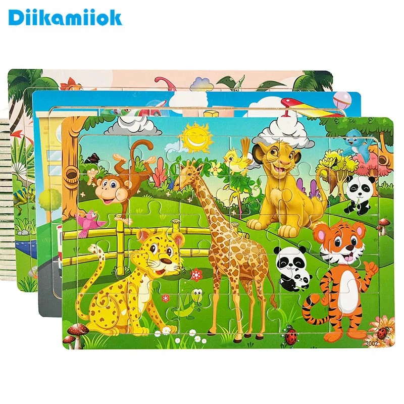 30 sztuk drewniane puzzle dla dzieci Cartoon zwierząt pojazd puzzle gry dla dzieci wczesna nauka zabawki edukacyjne dla dzieci