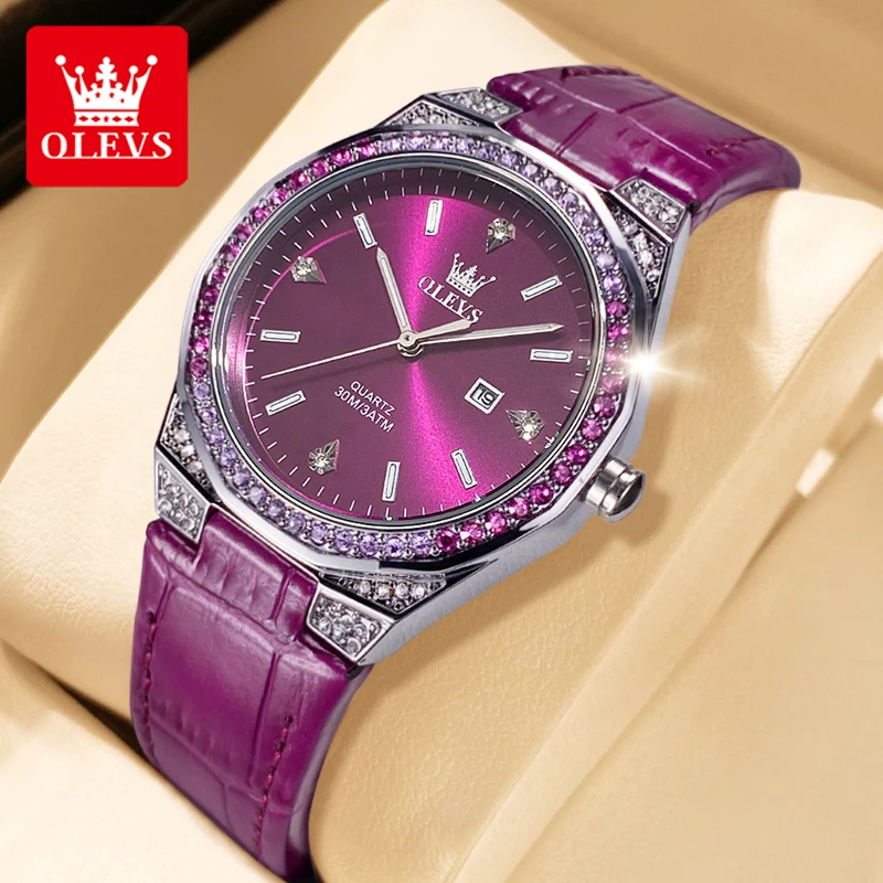 OLEVS 5606 Original Women's Watch Diamond Lap Fashion Leather Strap Waterproof Luminous Ladies Wristwatch Quartz Watch for Women